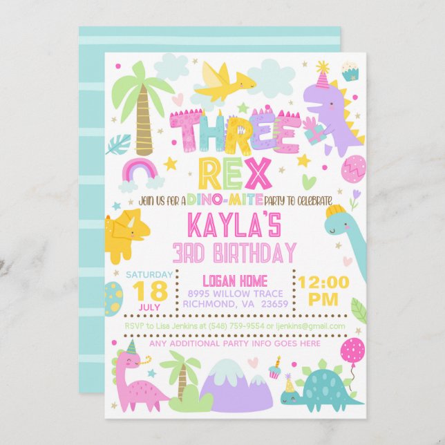 Dinosaur TROIS Rex 3e Invitation anniversaire (Devant / Derrière)