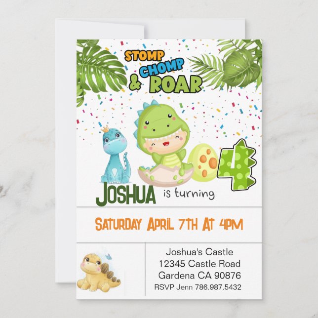 Dinosaur turning four birthday invitation (Front)