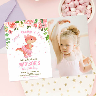 Dinosaur Tutu Ballerina Floral Photo Birthday Invitation