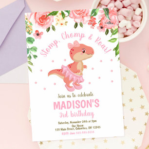 Dinosaur Tutu Ballerina Pink Floral Birthday  Invitation