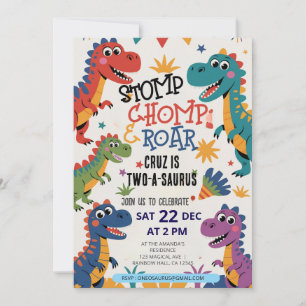 Dinosaur Two A-Saurus 2nd Birthday Party T-Rex Invitation