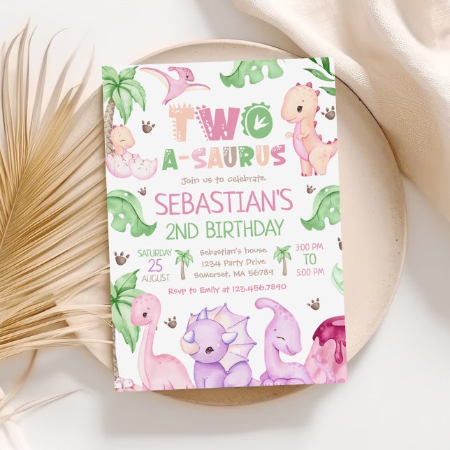 Dinosaur Two-A-Saurus Girl 2nd Birthday Party Invitation (Creator Uploaded)