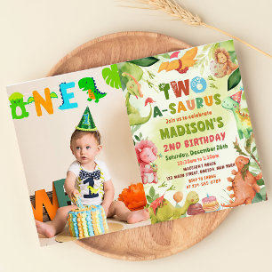 Dinosaur  Two-A-Saurus Greenery 2nd Birthday Photo Invitation