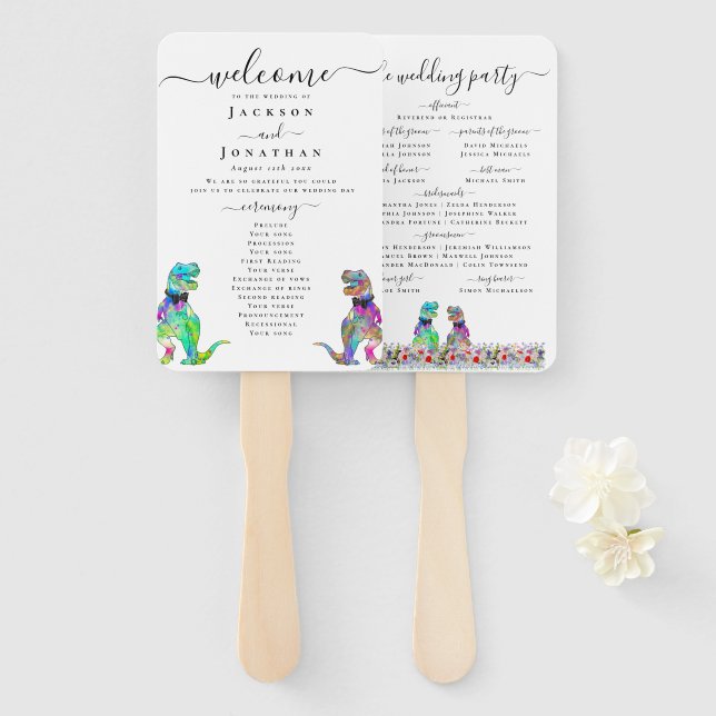 Dinosaur Two Grooms Gay Wedding Ceremony Hand Fan (Front and Back)