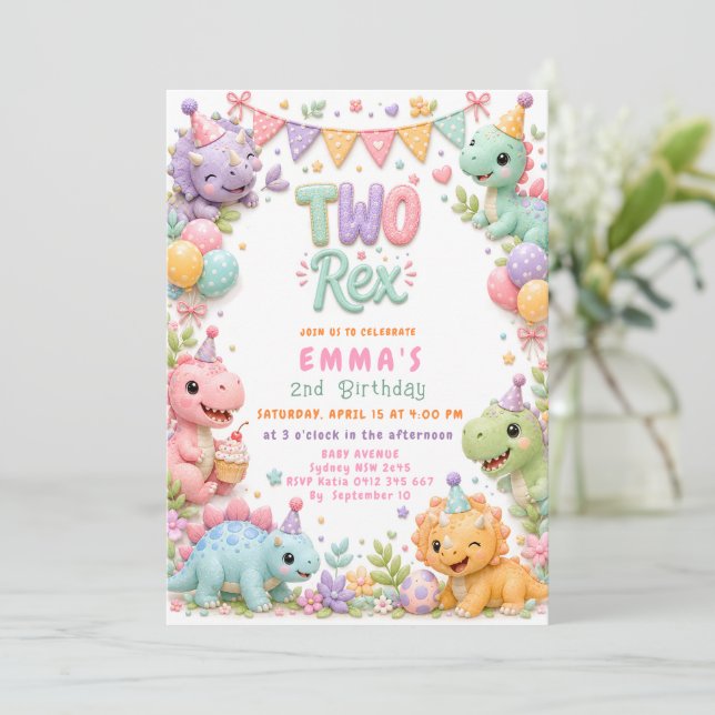 Dinosaur Two Rex 2nd Birthday Party Invitation (Standing Front)