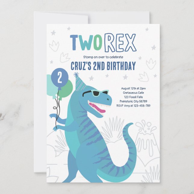 Dinosaur Two Rex 2nd Birthday Party T-Rex Invitation (Front)
