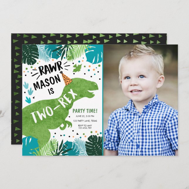 Dinosaur Two-Rex T-Rex RAWR 2nd Second Birthday Invitation (Front/Back)