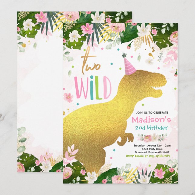 Dinosaur Two Wild Birthday Pink Dinosaur Birthday Invitation (Front/Back)