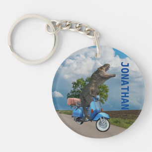 Dinosaur Tyrannosaurus T-rex On a Scooter   Keychain