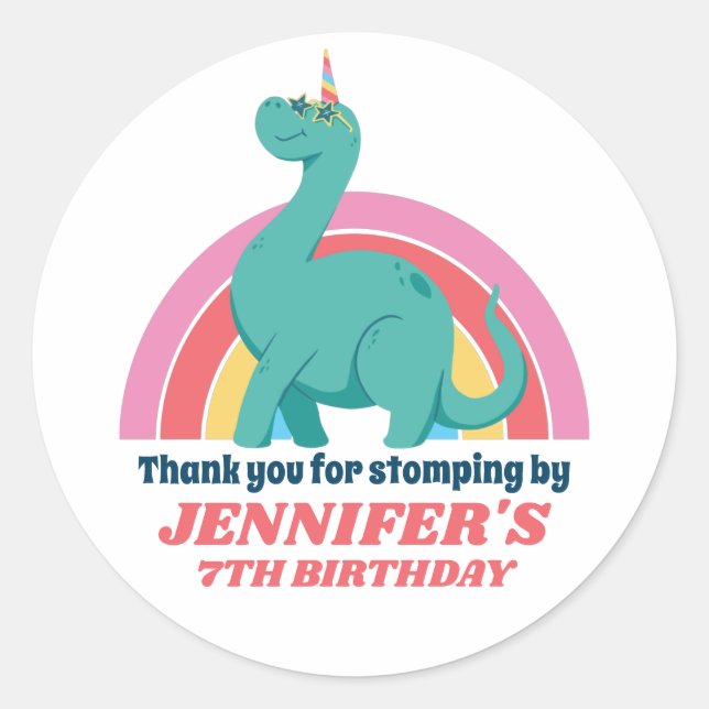 Dinosaur Unicorn and Rainbow Kids Birthday Party Classic Round Sticker (Front)