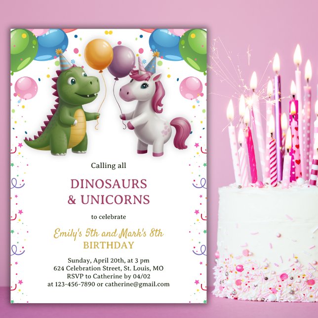 Dinosaur Unicorn Boy Girl Joint Sibling Birthday Invitation (Dinosaur Unicorn Boy Girl Joint Sibling Birthday Invitation)