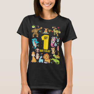 Dinosaur Unicorn Flamingo Llama First 1st Birthday T-Shirt