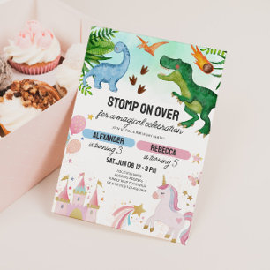 Dinosaur & Unicorn Joint Kids Birthday Invitation