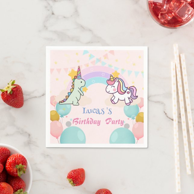 Dinosaur Unicorn rainbow gradient  birthday party  Napkin (Insitu)