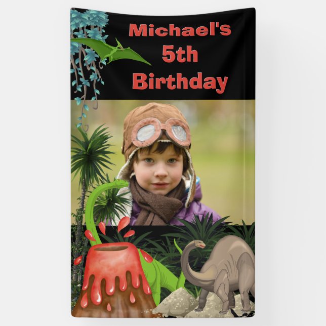 Dinosaur volcano boys birthday photo banner (Vertical)