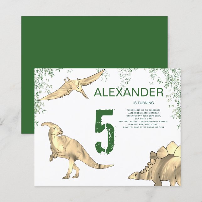 Dinosaur watercolor Birthday Party budget green (Front/Back)