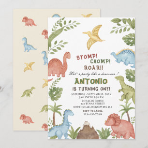 Dinosaur watercolor birthday party invitation