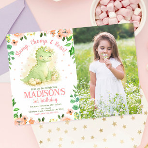 Dinosaur Watercolor Pink Floral Photo Birthday Invitation