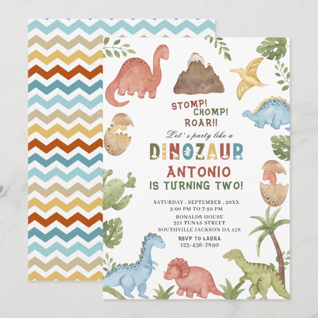 Dinosaur watercolor stomp chomp roar birthday part invitation (Front/Back)
