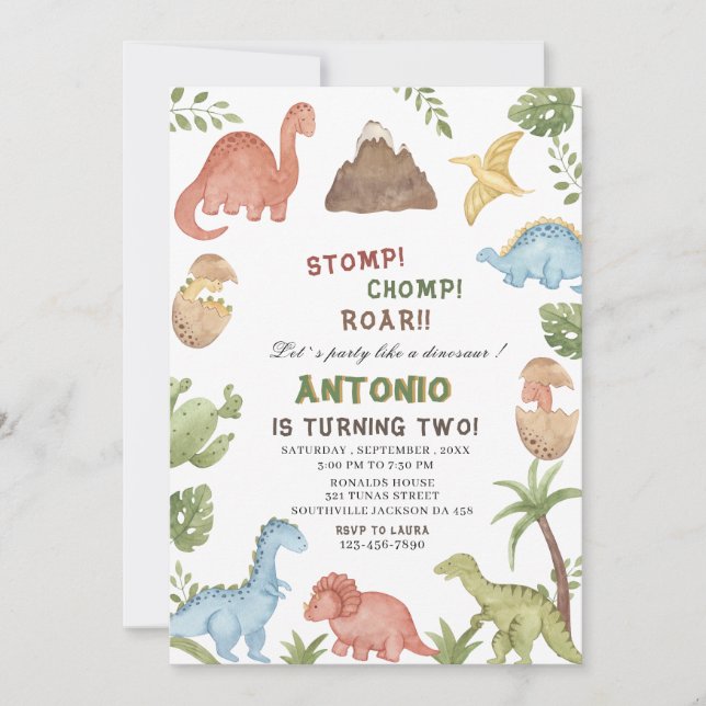 Dinosaur watercolor stomp chomp roar birthday part invitation (Front)