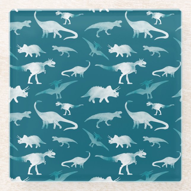 Dinosaur Watercolor: Textile Pattern Glass Coaster (Front)