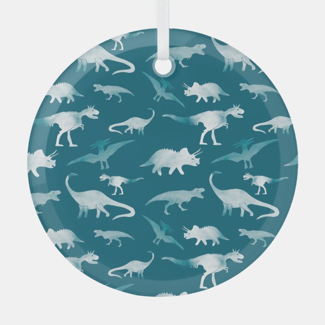 Dinosaur Watercolor: Textile Pattern Glass Ornament (Front)