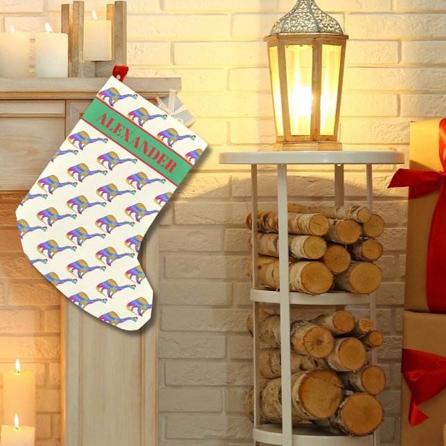 Dinosaur Wearing Santa Hat Pattern Add Name Small Christmas Stocking (Colorful Christmas dinosaur pattern add name custom stocking with brontosaurus wearing a Santa hat)