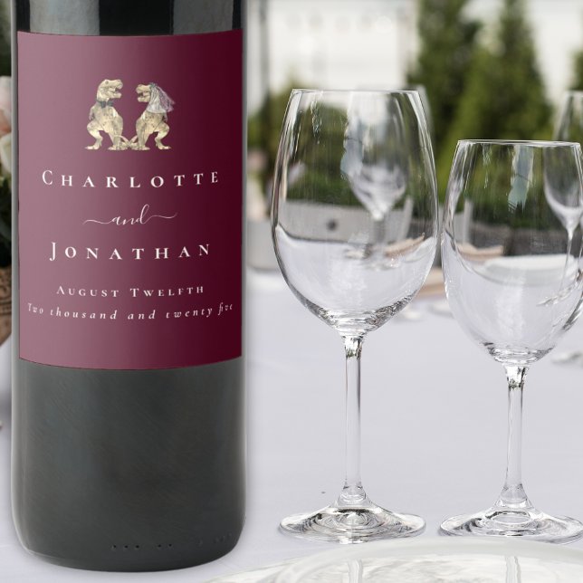 Dinosaur Wedding Burgundy & Cream Personalized  Wine Label (Dinosaur wedding burgundy & cream personalized wine labels Cute T-Rex dino bride & groom elegant)