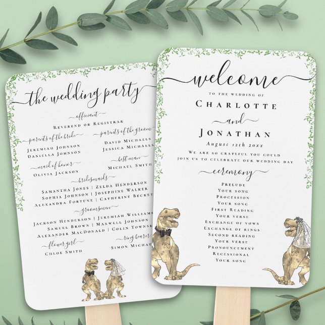 Dinosaur Wedding Ceremony Black & White Program Hand Fan (T-Rex bride and groom funny dinosaur wedding ceremony program fans)