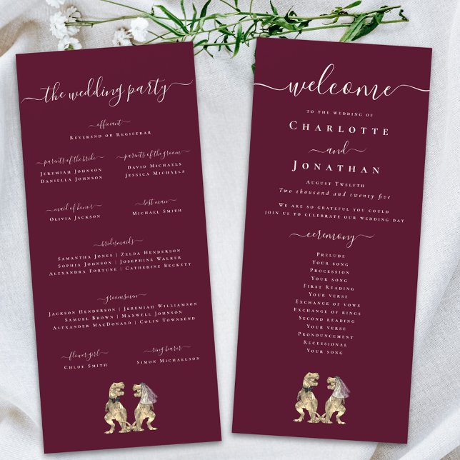 Dinosaur Wedding Ceremony Burgundy & Cream Program (Dinosaur theme wedding ceremony burgundy & cream program card Whimsical elegant modern script T-Rex )