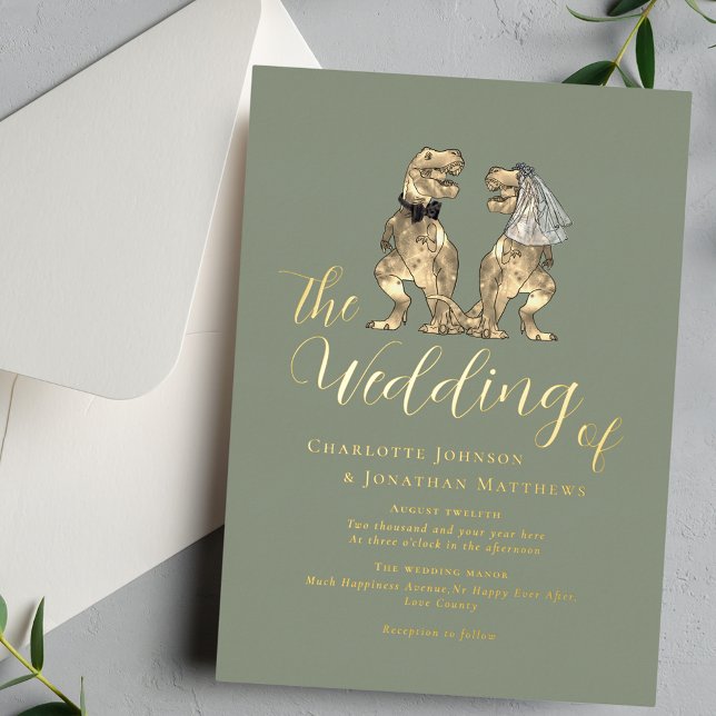 Dinosaur Wedding Elegant Sage Green Gold (Elegant Dinosaur wedding sage green gold foil invitation T-Rex bride and groom dino)