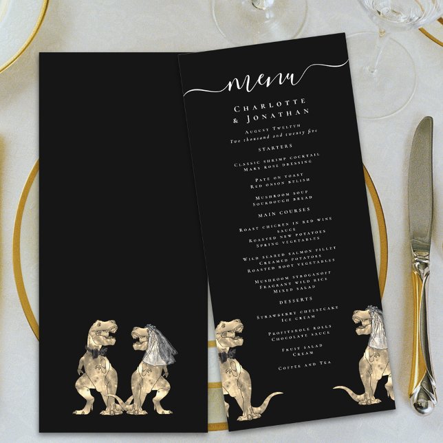 Dinosaur Wedding Modern Black & White Menu (Dinosaur wedding black and white modern elegant script menu funny T-Rex dino Bride and groom)