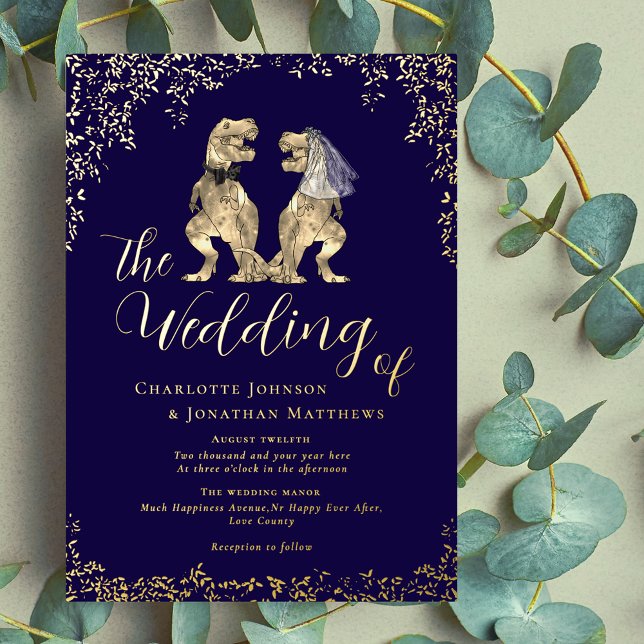 Dinosaur Wedding Navy Blue and Gold (Dinosaur wedding t-Rex bride and groom navy blue and gold foil invitation)