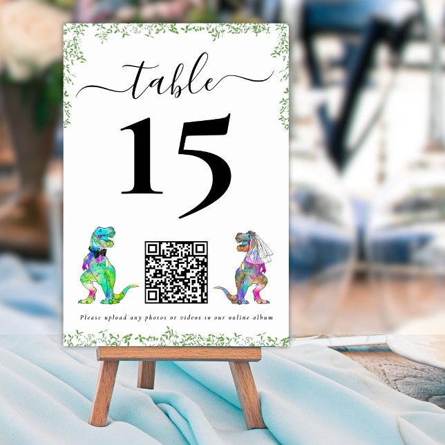Dinosaur Wedding QR Code Table Number (Dinosaur bride and groom custom wedding qr code table number card watercolor foliage)