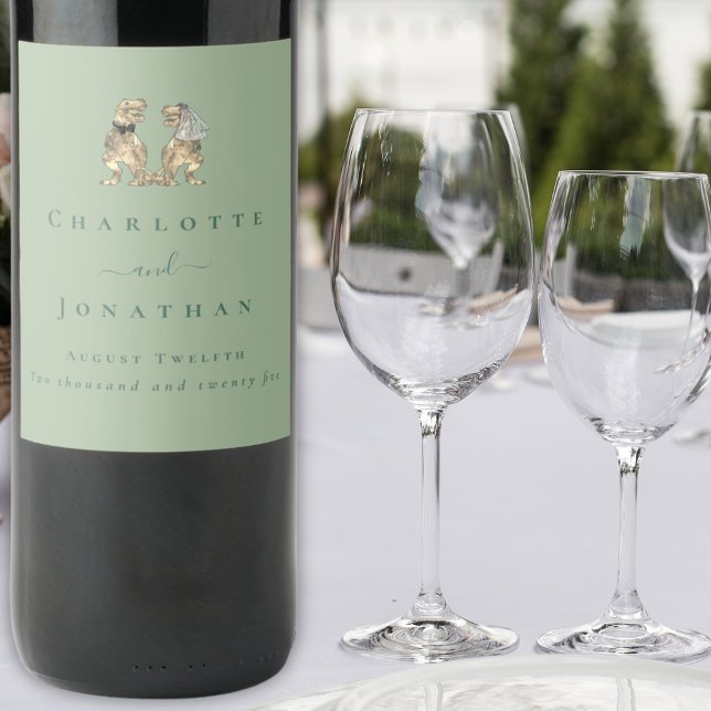 Dinosaur Wedding Sage Green Personalized  Wine Label (Dinosaur wedding sage green personalized wine labels T-Rex dino bride and groom Elegant modern )