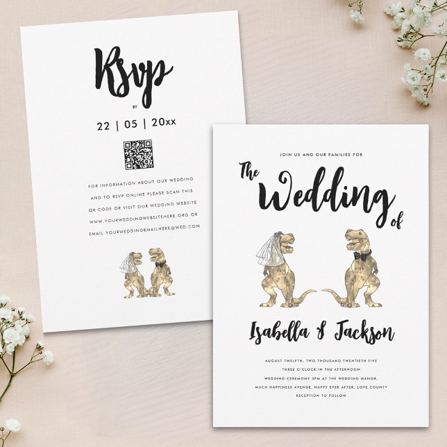 Dinosaur Wedding T-Rex Bride and Groom Invitation (Fun Dinosaur bride and groom modern stylish wedding invitation with QR code)