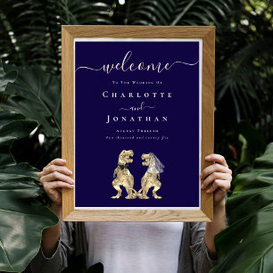 Dinosaur Wedding Welcome Navy Blue Blush Pink Poster