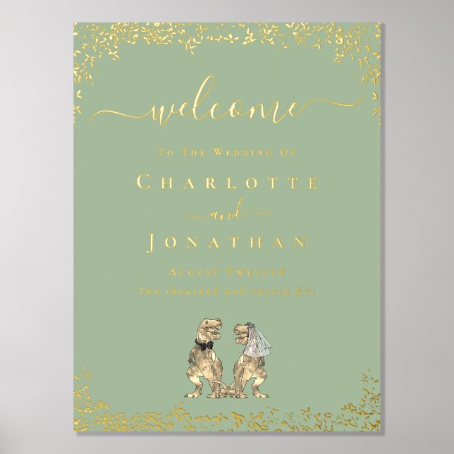 Dinosaur Wedding Welcome Sage Green Gold Foil Prints (Front)