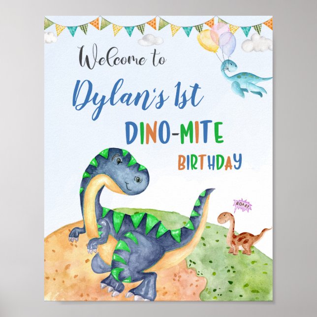 Dinosaur welcome party sign Dino-mite party poster (Front)
