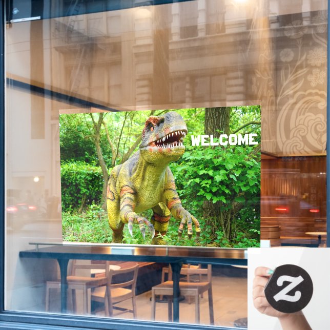 Dinosaur Welcoming Visitors Cheerful Expression Window Cling (Cafe Window)