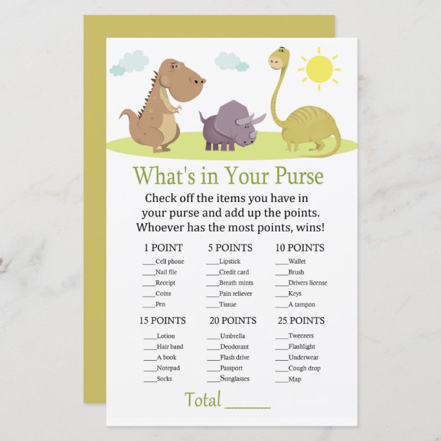 Dinosaur What's in your purse game baby shower (Front/Back)