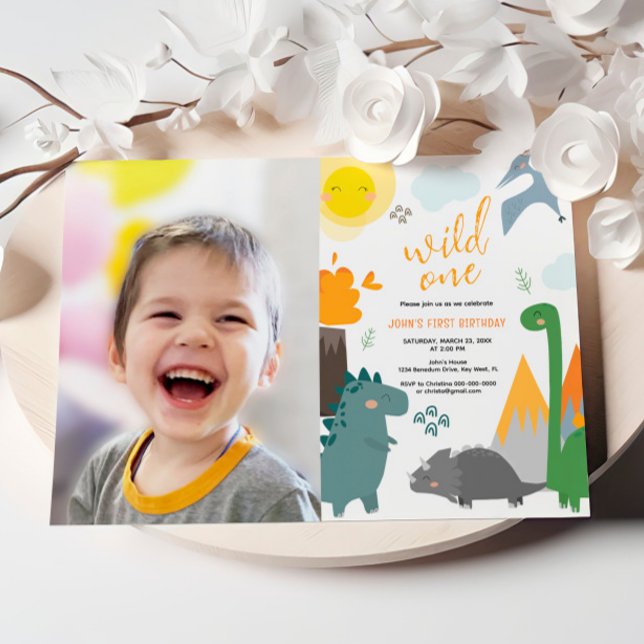 Dinosaur Wild One 1st Birthday Photo Party Invitation (Creator Uploaded)