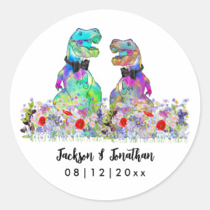 Dinosaur Wildflower Gay Wedding Classic Round Sticker