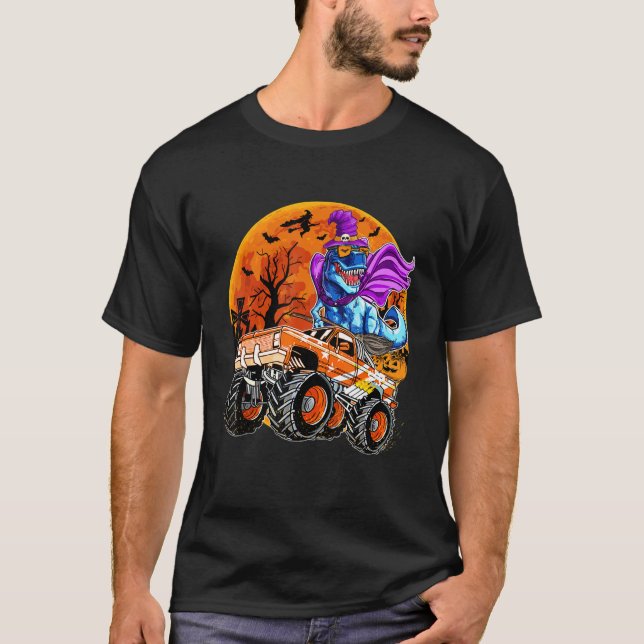 Dinosaur Witch Hat And Monster Truck Happy Hallowe T-Shirt (Front)