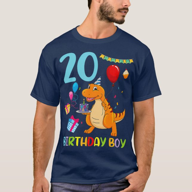 Dinosaur With Cake And Balloon Happy 20 Years T-Shirt (Front)