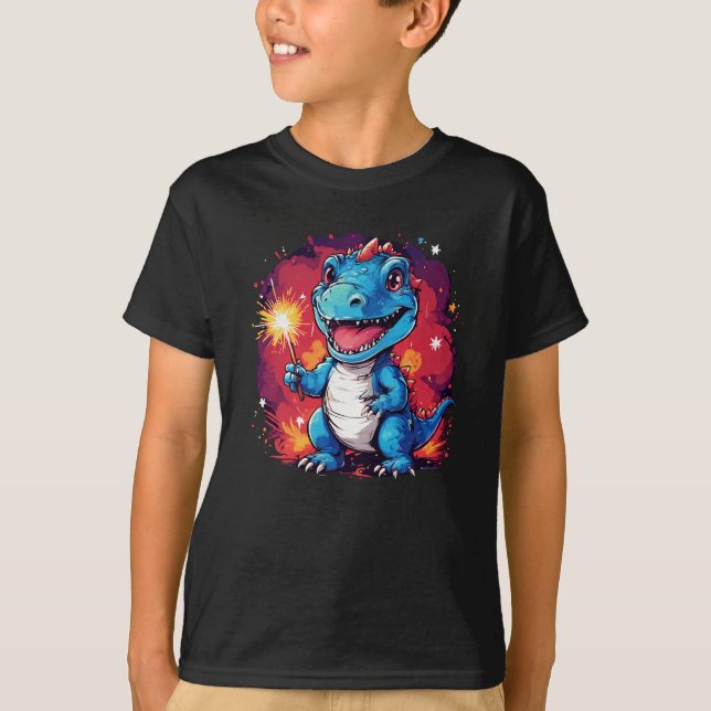 Dinosaur With Sparkler Birthday 4th July Cute T-Shirt (Front)