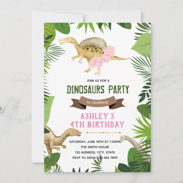 Dinosaur with tutu party invitation (Front)