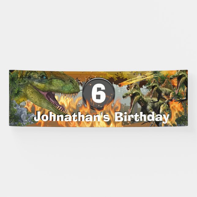 Dinosaur world burning fire DIY age boys birthday Banner (Horizontal)