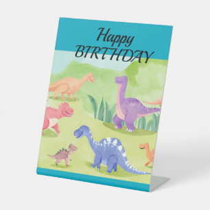 Dinosaur world happy birthday turquoise pedestal sign