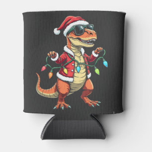 Dinosaur Wrapped with Christmas Lights Santa Hat Can Cooler